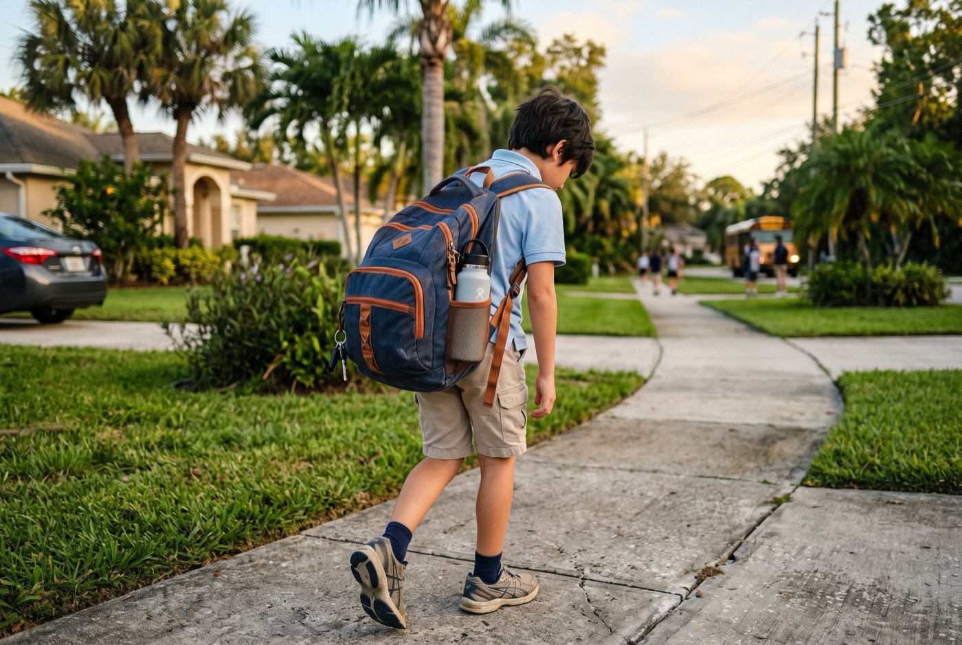 School-age child carrying heavy backpack showing forward postural compensation, Royal Palm Beach pediatric chiropractic