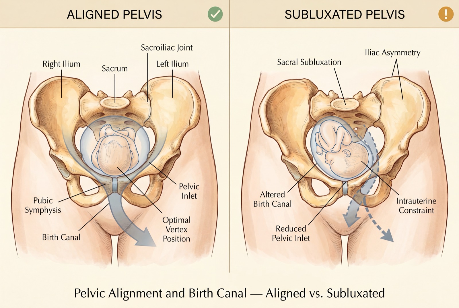 Medical anatomical illustration comparing aligned pelvis with clear birth canal and optimal fetal vertex positioning versus subluxated pelvis with sacral rotation, iliac asymmetry, altered birth canal geometry, and intrauterine constraint — Netter-style diagram, Rochet Family Chiropractic Royal Palm Beach FL