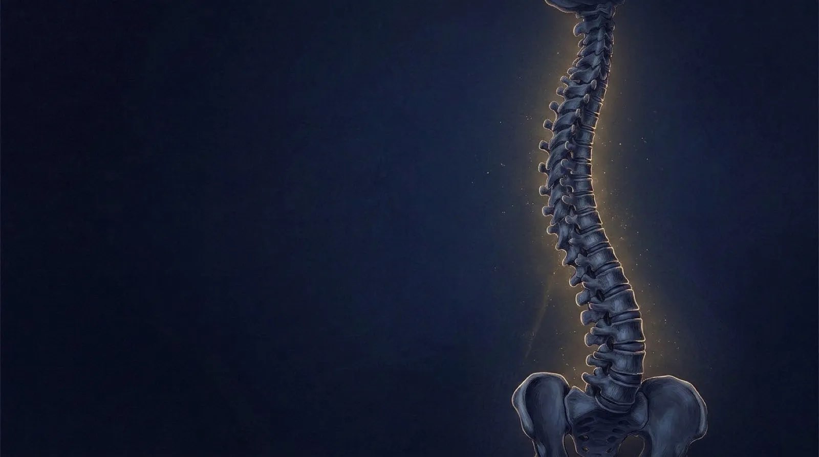 A full spine lit in gold against deep navy, deviating toward a forward-and-downward tilted sacral base — anterior-inferior sacrum and neck dysfunction case at Rochet Family Chiropractic, Royal Palm Beach FL