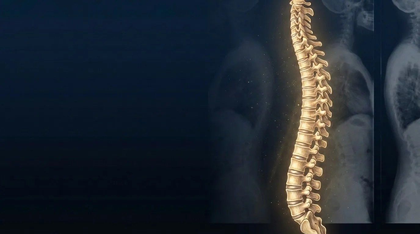 A gold-lit human spine against deep navy with faint spinal X-ray film panels — case studies and education from Rochet Family Chiropractic, Royal Palm Beach FL