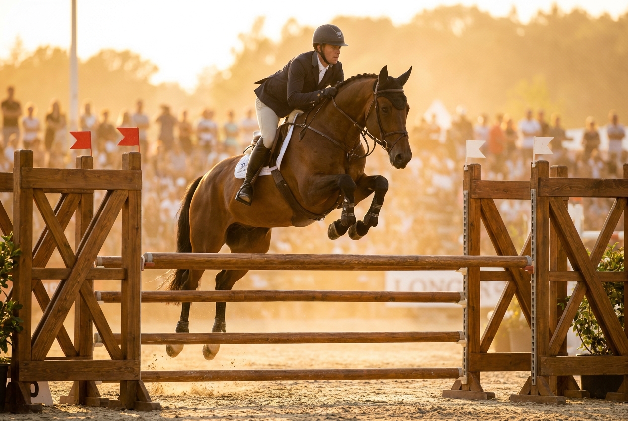 Show jumping horse and rider clearing a fence — every landing loads the lumbar spine and pelvis