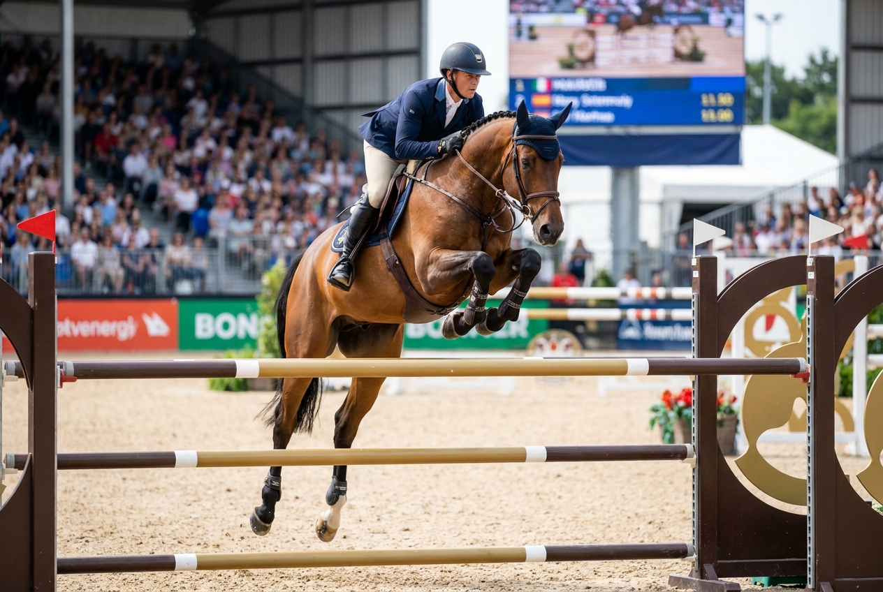 Show jumper clearing a stadium oxer — compressive landing forces travel directly into the lumbar spine and sacrum
