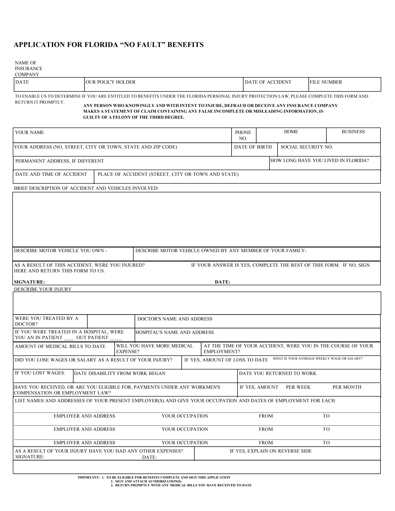 Application for Florida No-Fault Benefits
