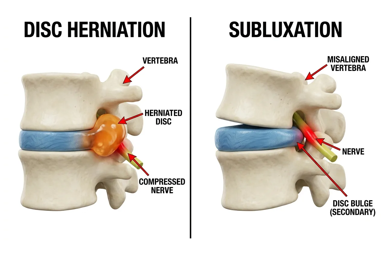 Disc herniation vs. vertebral subluxation — structural comparison diagram