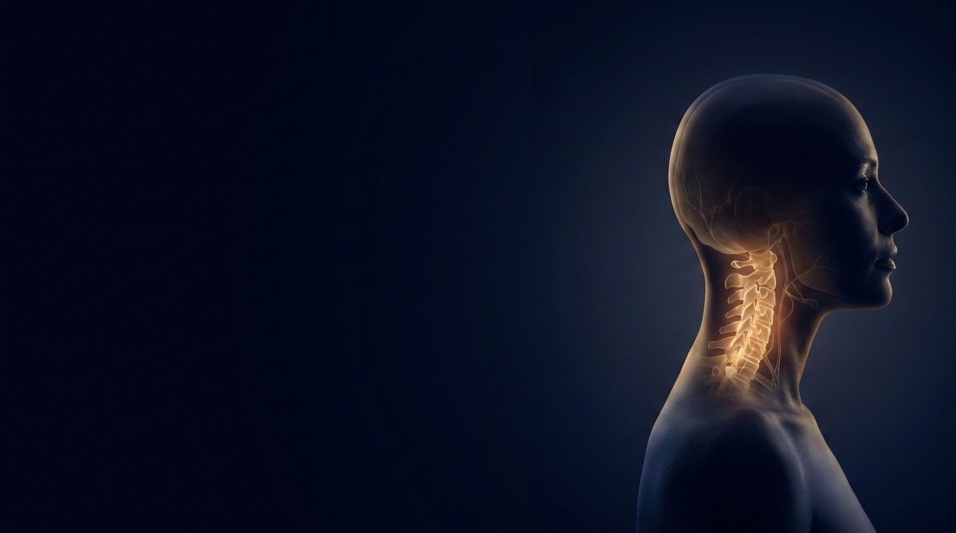 Cervical spine and nerve pathways illuminated in gold against deep navy — migraine and lumbar parasthesia subluxation case at Rochet Family Chiropractic, Royal Palm Beach FL