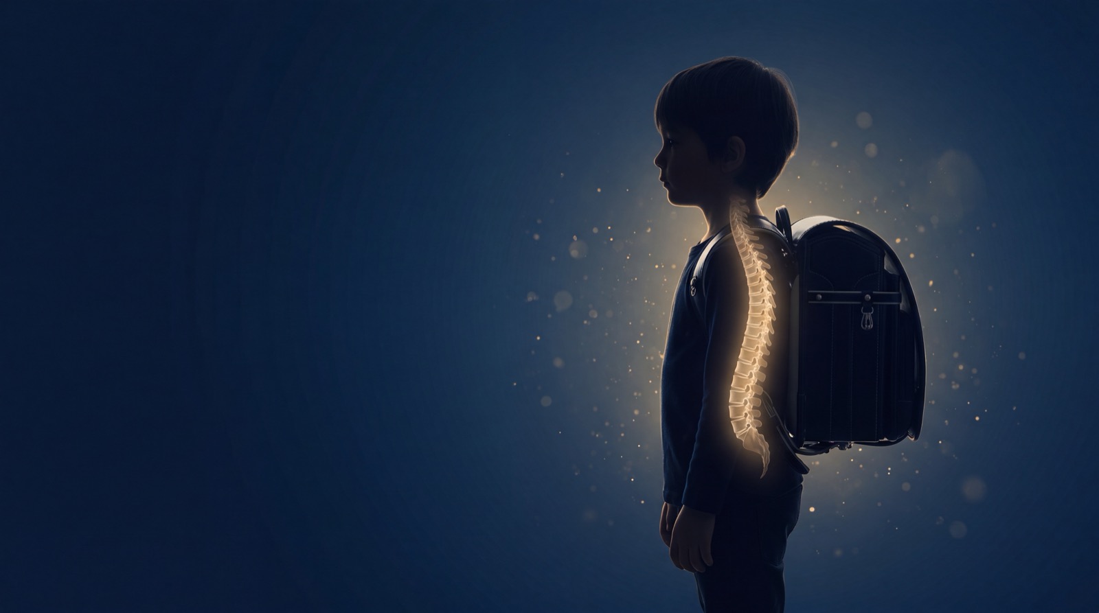 A child in profile with the spine glowing gold through the body, wearing a school backpack, against deep navy — children's subluxation care at Rochet Family Chiropractic, Royal Palm Beach FL