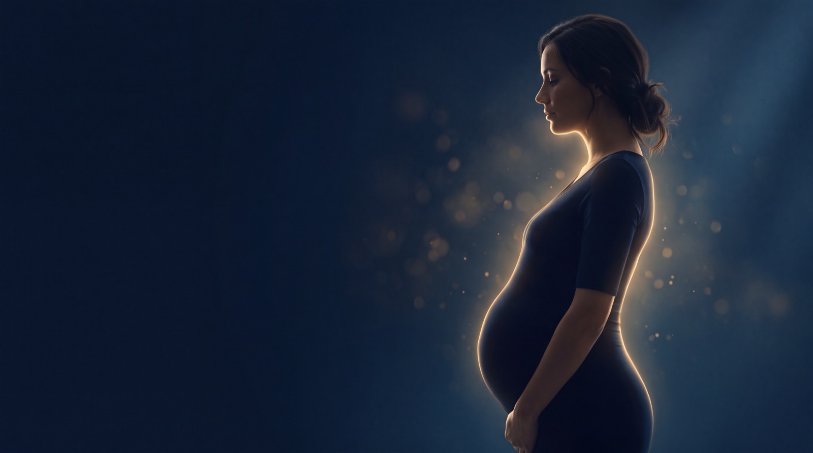 A pregnant woman in profile, gold-lit against deep navy — prenatal subluxation care at Rochet Family Chiropractic, Royal Palm Beach FL