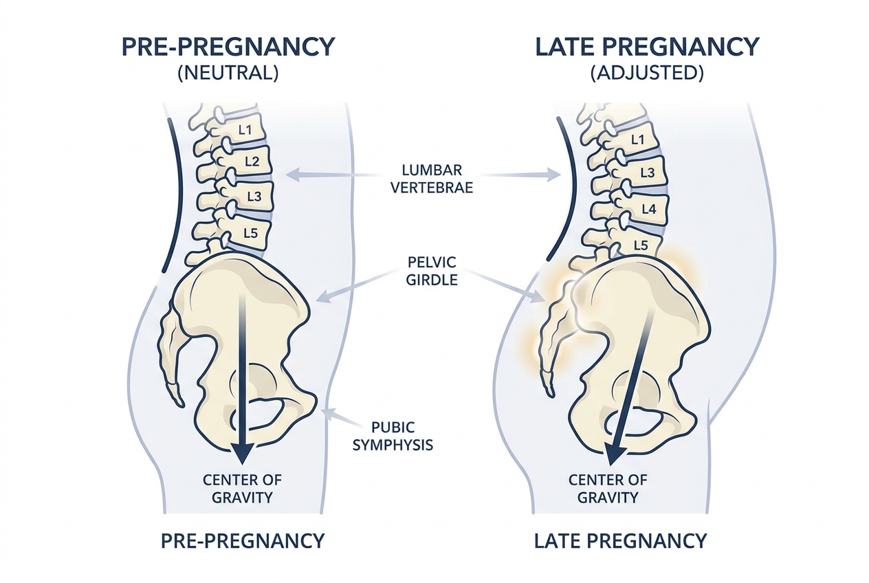Side-by-side anatomical illustration comparing pre-pregnancy and late-pregnancy spinal and pelvic changes — increased lumbar lordosis, anterior pelvic tilt, and shifted center of gravity