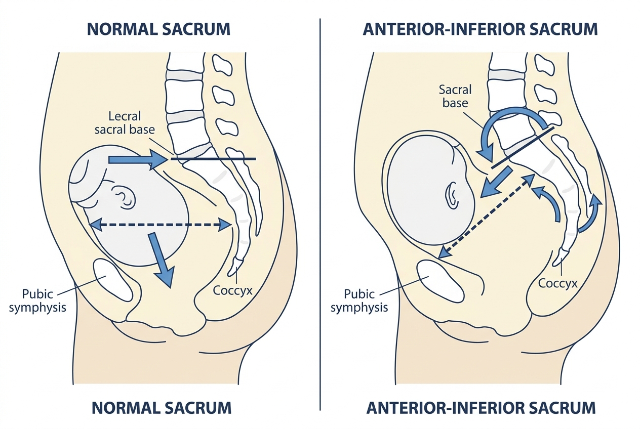 Anatomical illustration comparing normal sacrum position versus anterior-inferior sacral subluxation — showing how sacral rotation reduces pelvic outlet diameter and compromises fetal head engagement