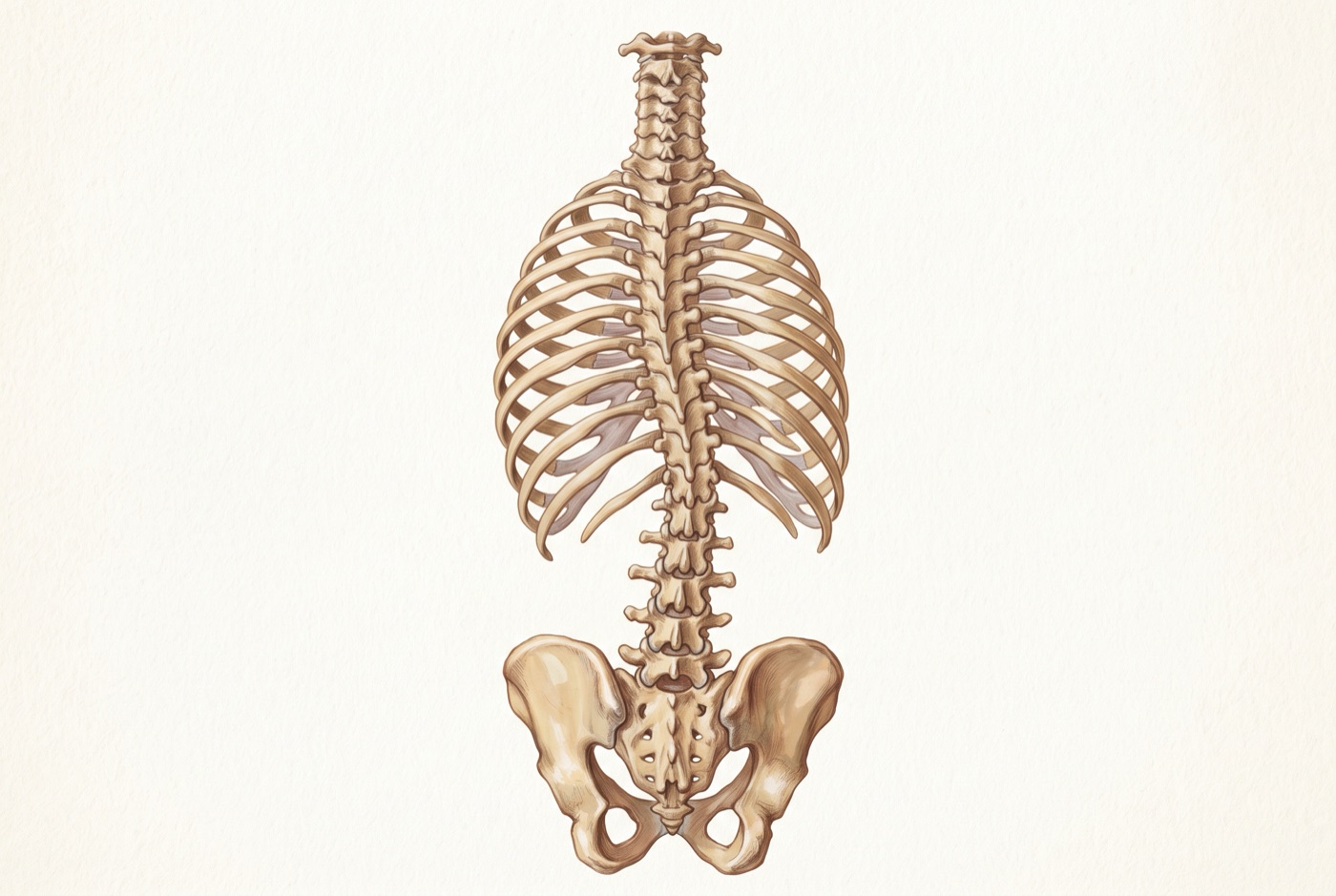 Medical illustration of a scoliotic spine and rib cage viewed from behind, showing the S-shaped curve and the rib cage asymmetry caused by vertebral rotation