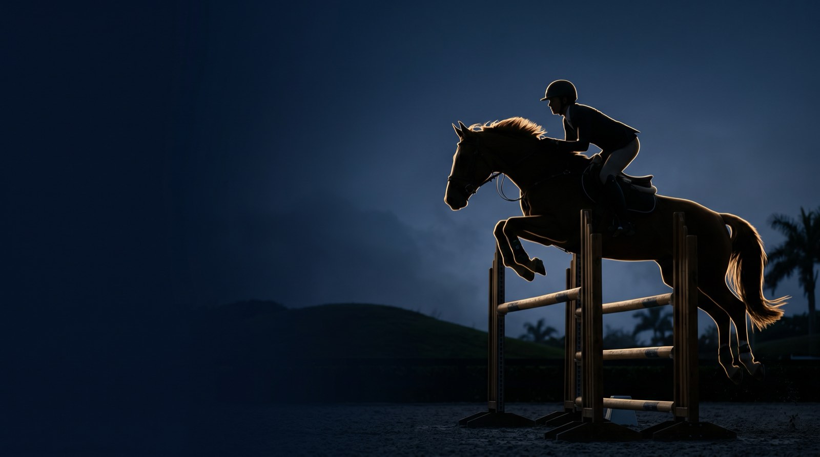 Show-jumping horse and rider in gold-lit silhouette at dusk — Rochet Family Chiropractic serving Wellington, FL